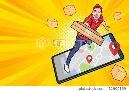 fast Delivery man employee with parcel out from mobile phone fast Delivery man employee with parcel out from mobile phone 82909169