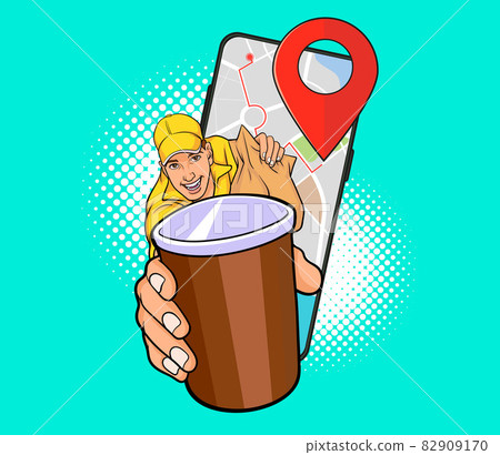 Delivery man employee with cups of coffee online concept Delivery man employee with cups of coffee online concept 82909170