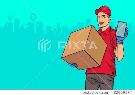 Delivery man employee in red cap with holding... - Stock Illustration ...