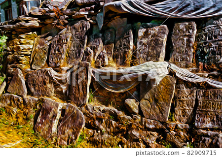Stone slabs carved with Buddhist prayers in Nepal Stone slabs carved with Buddhist prayers in Nepal 82909715