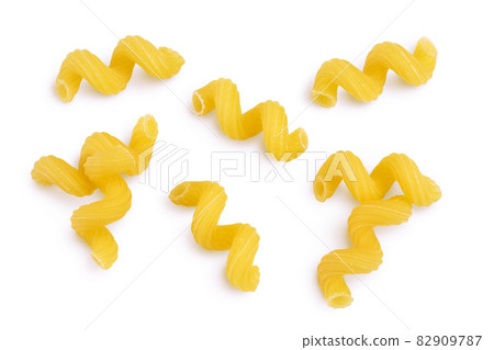 raw pasta cavatappi isolated on white background with clipping path and full depth of field. Top view. Flat lay 82909787