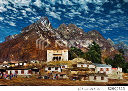 Village and Buddhist temple of Tengboche in Nepal Village and Buddhist temple of Tengboche in Nepal 82909813