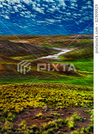 Hilly landscape and river in the Peruvian Andes 82909929