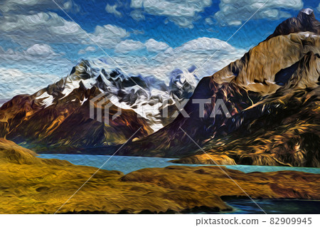 Peaks and lake at Torres del Paine, in Chile 82909945