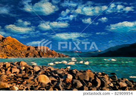 Peaks and lake with ice pieces in Torres del Paine 82909954