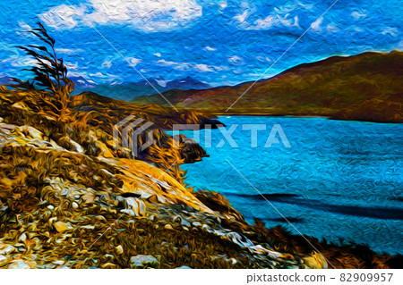 Peaks and lake at Torres del Paine, in Chile 82909957