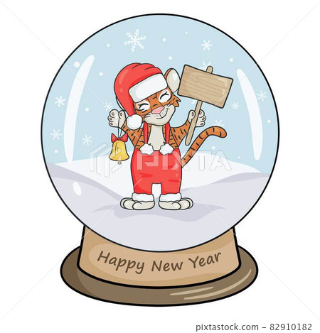 Christmas crystal ball with winter landscape, tiger with Christmas bell. Vector illustration isolated white background in cartoon style. Christmas crystal ball with winter landscape, tiger with Christmas bell. Vector illustration isolated white background in cartoon style. 82910182