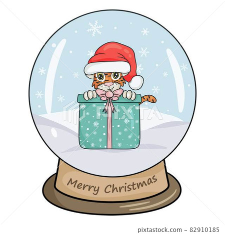 Christmas crystal ball with winter landscape, tiger and gift. Vector illustration isolated white background Cartoon style. Christmas crystal ball with winter landscape, tiger and gift. Vector illustration isolated white background Cartoon style. 82910185