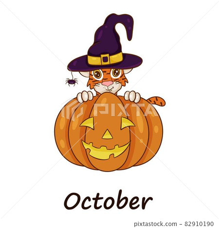 Tiger is symbol of the Chinese new year, with the inscription October. In witch's hat with pumpkin for Halloween. Perfect for creating calendar. Vector illustration cartoon style 82910190