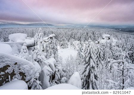 Wintertime forest landscape around Poacher Rocks, Czech: Pytlacke kameny, in Jizera Mountains, Czech Republic 82911047