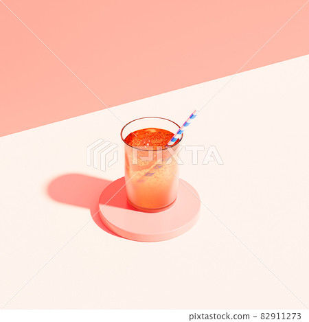 Drink in glass with ice and straw on beige background, 3d render 82911273