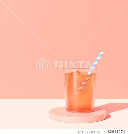 Drink in glass with ice and straw on beige background, 3d render 82911274