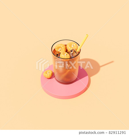 Drink in glass with pumpkins on beige background for advertising on autumn holidays or sales, 3d render Drink in glass with pumpkins on beige background for advertising on autumn holidays or sales, 3d render 82911291