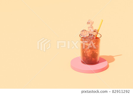 Drink in glass with ice and straw on beige background, copy space, 3d render 82911292