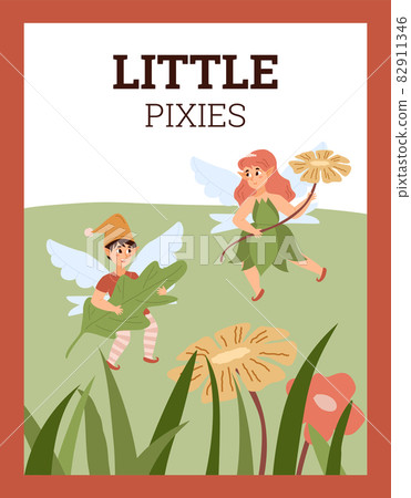 Poster for children with magic pixies flying in flowers - flat vector illustration. 82911346