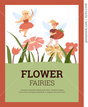 Card or banner layout with cute little flower fairies, flat vector illustration. 82911349