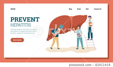 Landing page template with doctors and nurses examining liver - flat vector illustration isolated on white background. Landing page template with doctors and nurses examining liver - flat vector illustration isolated on white background. 82911419