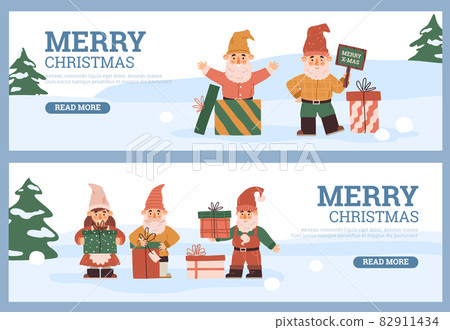 Merry Christmas holiday cards with scandinavian gnomes flat vector illustration. Merry Christmas holiday cards with scandinavian gnomes flat vector illustration. 82911434