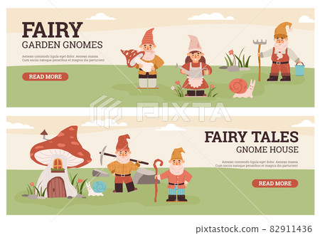 Set of horizontal banners with fairy garden gnomes flat vector illustration. 82911436