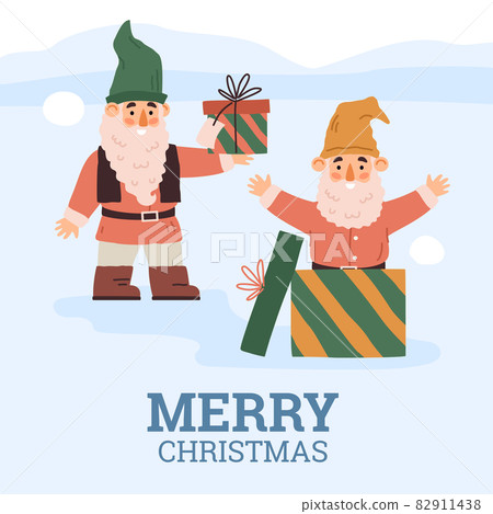 Christmas poster with cute fairy gnome and gifts, cartoon vector illustration. Christmas poster with cute fairy gnome and gifts, cartoon vector illustration. 82911438