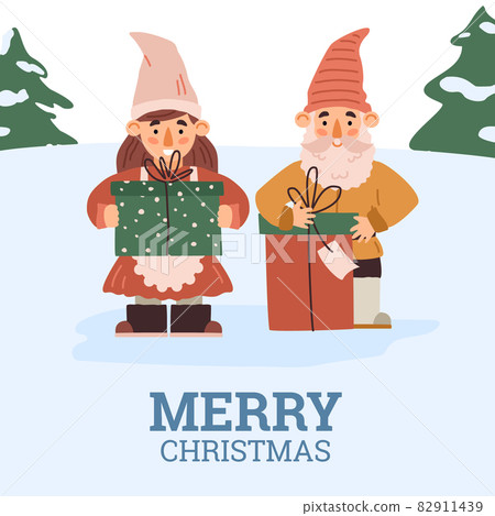 Merry Christmas card with gnomes holding presents, flat vector illustration. Merry Christmas card with gnomes holding presents, flat vector illustration. 82911439