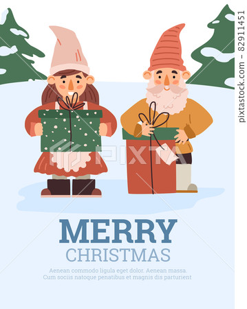 Christmas card or poster with scandinavian gnomes, flat vector illustration. Christmas card or poster with scandinavian gnomes, flat vector illustration. 82911451