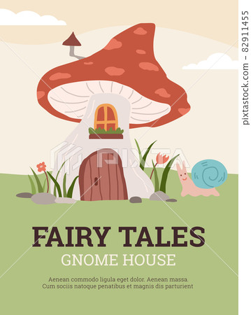 Fairy tales card or poster with cute gnomes house, flat vector illustration. 82911455