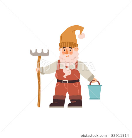 Garden gnome character with rake and bucket, flat vector illustration isolated. 82911514