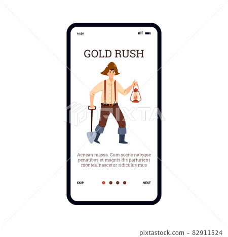Ui design template with prospector in vintage clothes, shovel and lantern - flat vector illustration. Ui design template with prospector in vintage clothes, shovel and lantern - flat vector illustration. 82911524