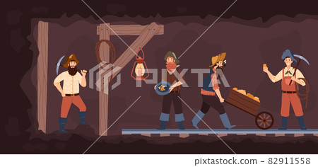 Vintage old gold mine with prospectors or diggers flat vector illustration. 82911558