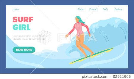 Colorful web banner with surf girl who surfing on surfboard in blue waves. 82911906