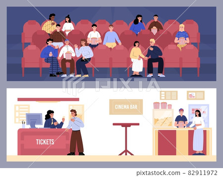 Happy People In Cinema Theatre. Couple Buying Tickets And Popcorn, And Sitting On Their Red Seats To Watch A Movie. 82911972