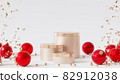 Christmas or New Year holidays background, golden podiums or pedestals for products or advertising with red baubles, 3d render 82912038