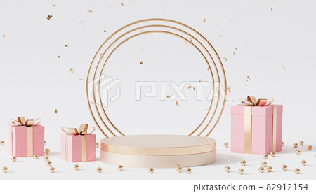 Golden podium or pedestal for products or advertising with gift boxes and confetti, 3d render 82912154