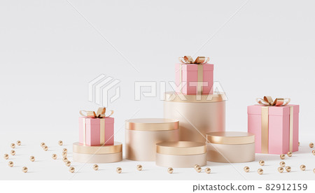 Golden podiums or pedestals for products or advertising with gift boxes, 3d render 82912159