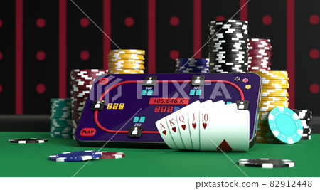 Online poker. Smartphone or mobile phone, poker chips, cards on a green table in a casino. 3D illustration 82912448