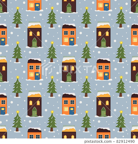 Seamless pattern with festive Christmas houses, trees and snowflakes on blue background. Bright print for the New Year and winter holidays for wrapping paper, textiles and design. Seamless pattern with festive Christmas houses, trees and snowflakes on blue background. Bright print for the New Year and winter holidays for wrapping paper, textiles and design. 82912490