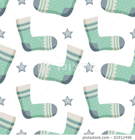 Seamless pattern with socks, stars and different print. Winter trendy background of clothing items, gift wrapping, postcards for Christmas or New year 82912496