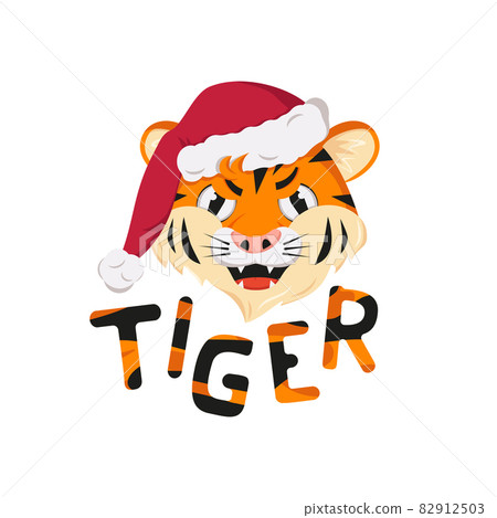 Angry tiger, symbol of New Year in red Christmas Santa hat. Wild animals of Africa, face with furious emotion, holiday decoration with orange striped lettering 82912503