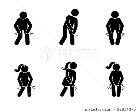 Stick figure man and woman with knee pain icon vector set. Sick stickman having problem with kneecap painful, aching movements pictogram on white 82914070