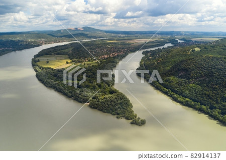 River Danube Bend Szentendre Island tip aerial view 82914137