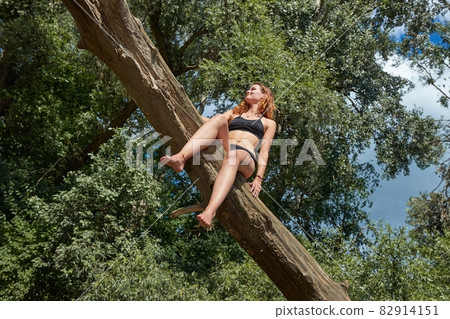 Girl sitting high up on a fallen tree Girl sitting high up on a fallen tree 82914151