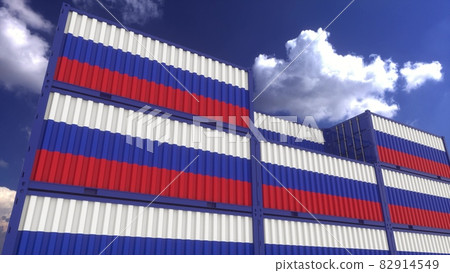 Russia flag containers are located at the container terminal. Russia export or import concept, 3d rendering 82914549