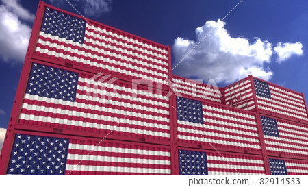 USA flag containers are located at the container terminal. American export or import concept, 3d rendering USA flag containers are located at the container terminal. American export or import concept, 3d rendering 82914553