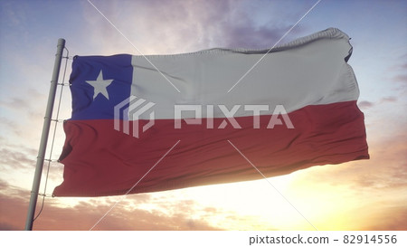 Flag of Chile waving in the wind, sky and sun background. 3d rendering Flag of Chile waving in the wind, sky and sun background. 3d rendering 82914556