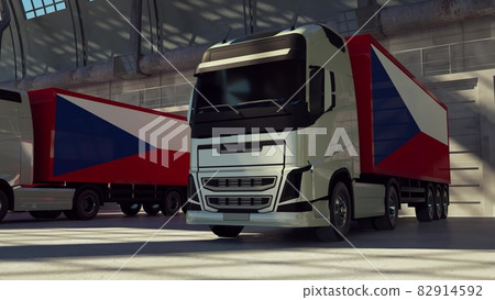 Cargo trucks with Czech Republic flag. Trucks from Czech Republic loading or unloading at warehouse dock. 3d rendering Cargo trucks with Czech Republic flag. Trucks from Czech Republic loading or unloading at warehouse dock. 3d rendering 82914592