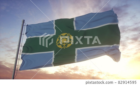 Derbyshire flag, England, waving in the wind, sky and sun background. 3d rendering Derbyshire flag, England, waving in the wind, sky and sun background. 3d rendering 82914595