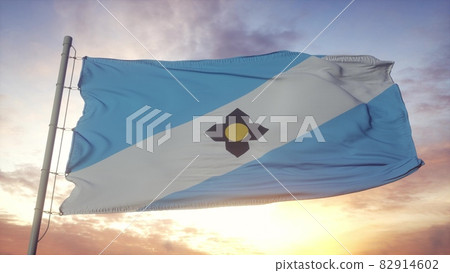 Madison city flag, Wisconsin, waving in the wind, sky and sun background. 3d rendering Madison city flag, Wisconsin, waving in the wind, sky and sun background. 3d rendering 82914602