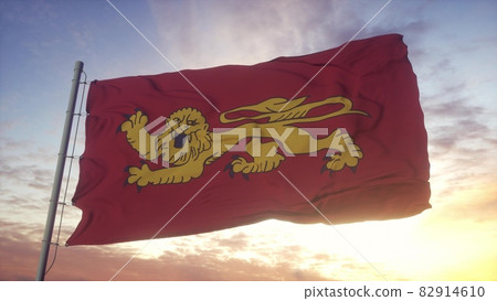 Aquitaine flag, France, waving in the wind, sky and sun background. 3d rendering 82914610