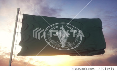 Flag of Bangkok, capital city of Thailand waving in the wind, sky and sun background. 3d rendering 82914615